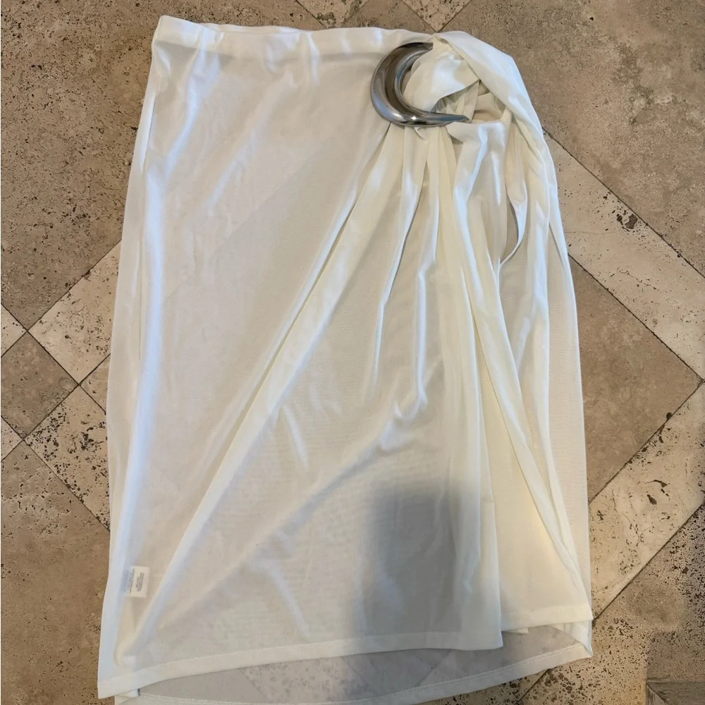 STAUD White Midi Skirt with Silver Ring Detail